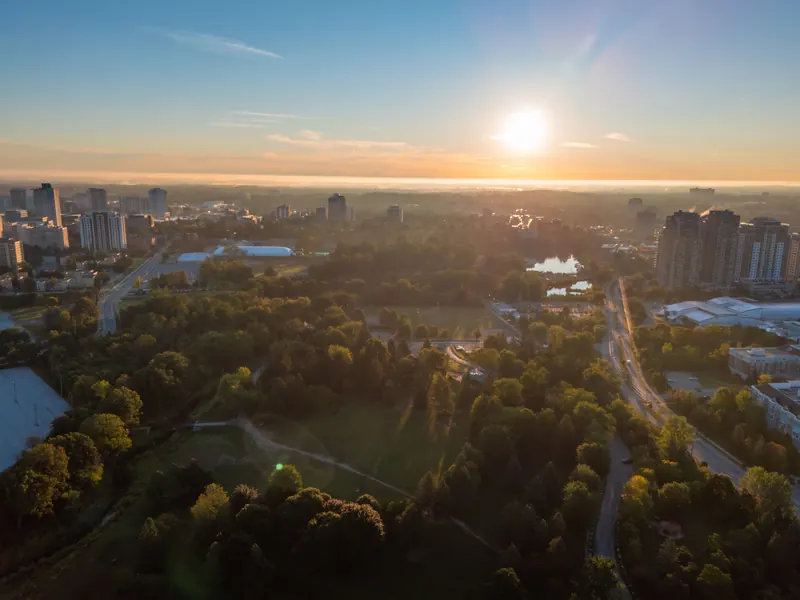 Sunrise over Waterloo, seen from the air